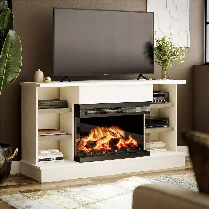 Fireplace Console for 65" TVs - Plaster and Blonde Oak