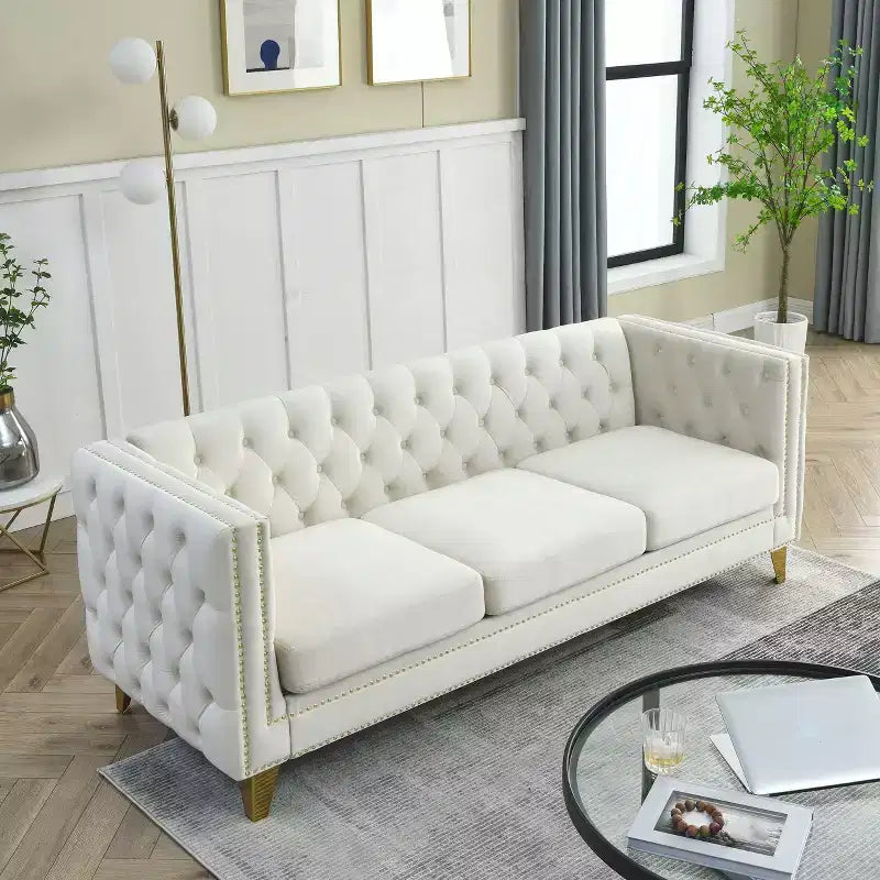 Velvet Sofa for Living Room,Buttons Tufted Square Arm Couch, Modern Couch Upholstered Button and Metal Legs, Sofa Couch for Bedroom