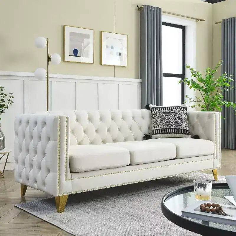 Velvet Sofa for Living Room,Buttons Tufted Square Arm Couch, Modern Couch Upholstered Button and Metal Legs, Sofa Couch for Bedroom