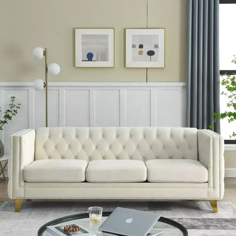 Velvet Sofa for Living Room,Buttons Tufted Square Arm Couch, Modern Couch Upholstered Button and Metal Legs, Sofa Couch for Bedroom