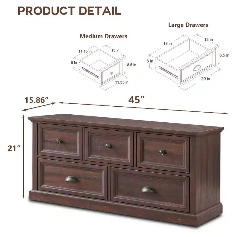Farmhouse Dresser with 5 Drawer, 45" Wide Horizontal Dresser Chests for Bedroom, Wood Rustic Dresser for Closets