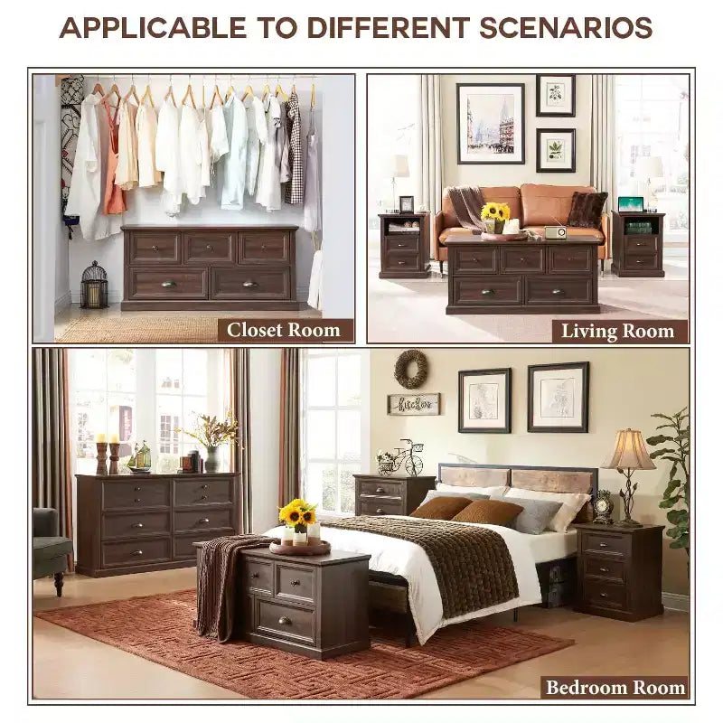Farmhouse Dresser with 5 Drawer, 45" Wide Horizontal Dresser Chests for Bedroom, Wood Rustic Dresser for Closets