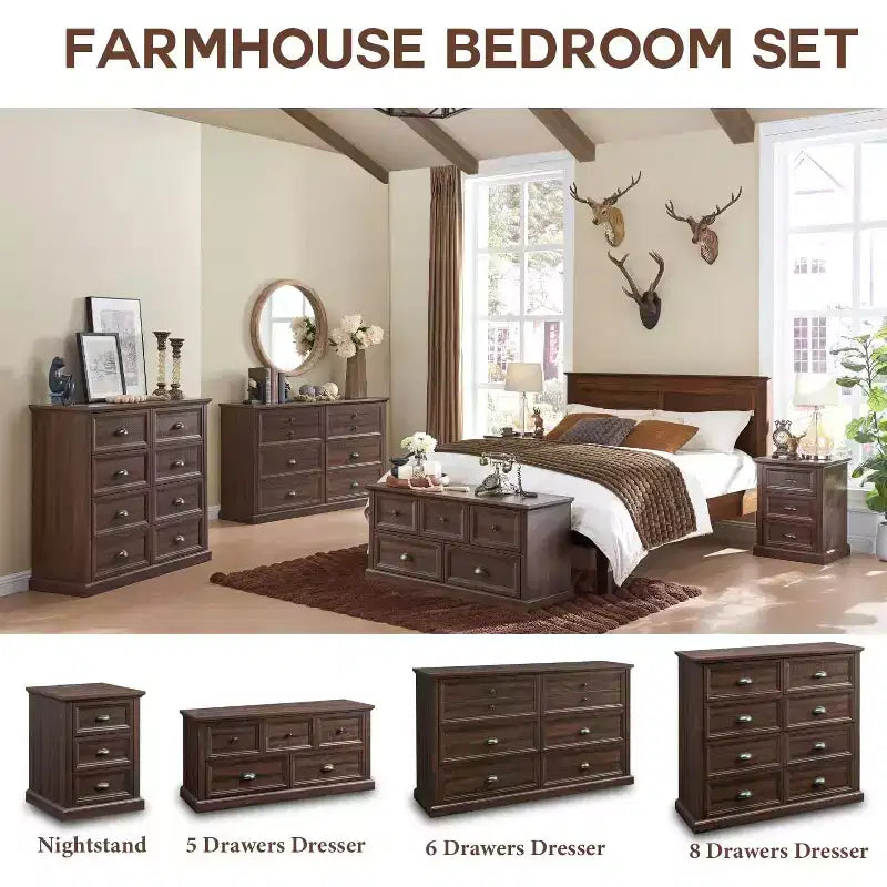 Farmhouse Dresser with 5 Drawer, 45" Wide Horizontal Dresser Chests for Bedroom, Wood Rustic Dresser for Closets