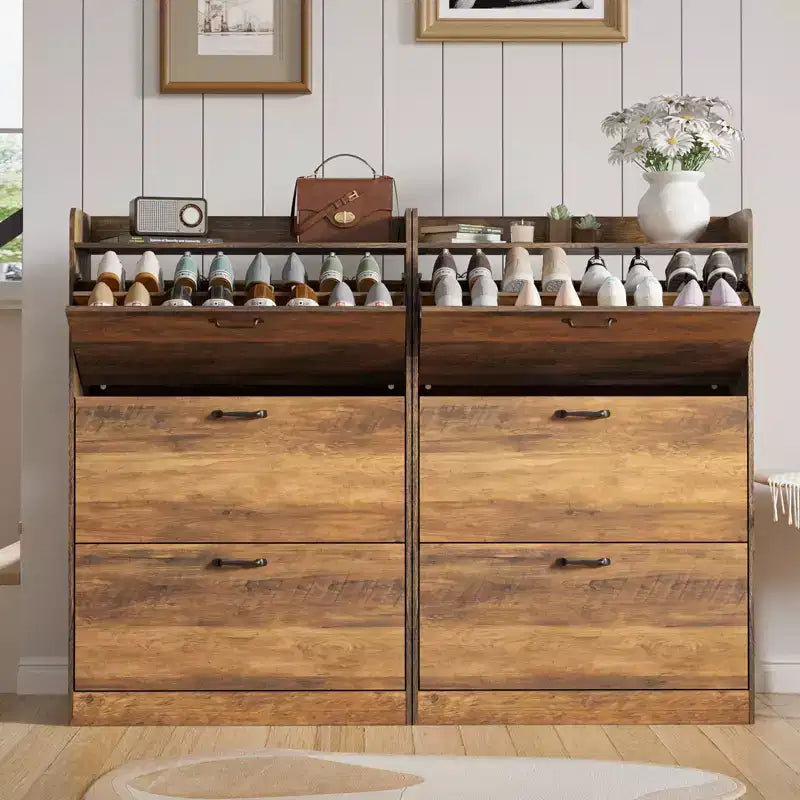 Farmhouse Wood Shoe Cabinet with 3 Flip Doors & Removable Shelves Entryway Shoe Storage