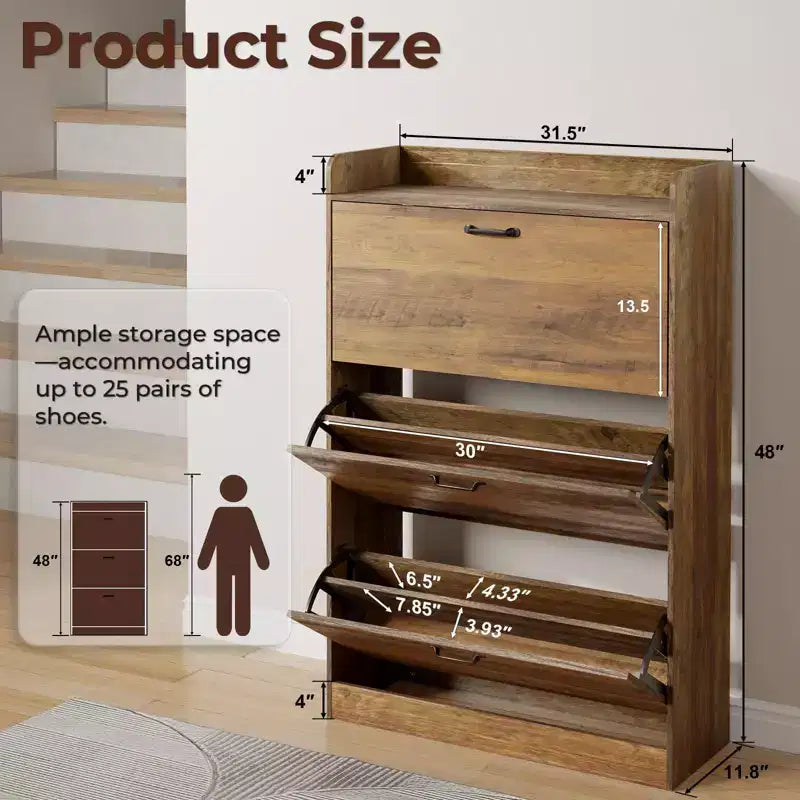 Farmhouse Wood Shoe Cabinet with 3 Flip Doors & Removable Shelves Entryway Shoe Storage
