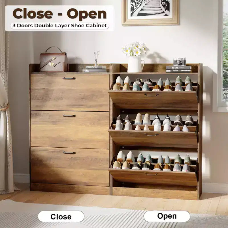 Farmhouse Wood Shoe Cabinet with 3 Flip Doors & Removable Shelves Entryway Shoe Storage