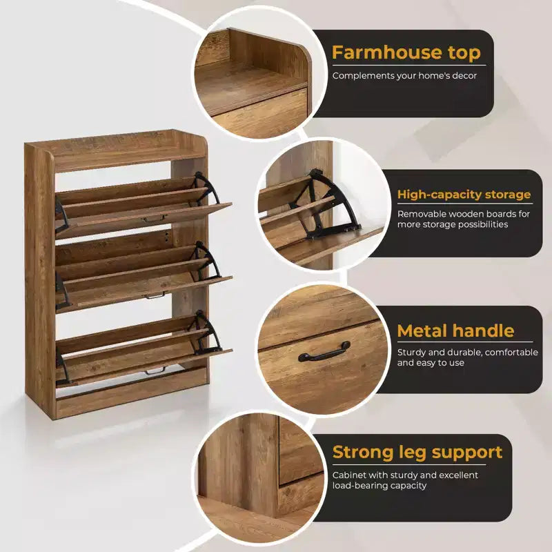 Farmhouse Wood Shoe Cabinet with 3 Flip Doors & Removable Shelves Entryway Shoe Storage