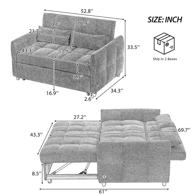 52.8 Pull-Out Sleeper Loveseat with Adjustable Backrest, 3 USB Ports & Lumbar Pillows - Chenille Tufted Sofa Bed for Small Spaces