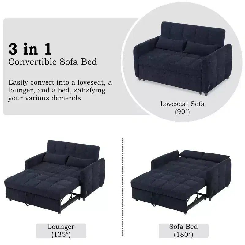52.8 Pull-Out Sleeper Loveseat with Adjustable Backrest, 3 USB Ports & Lumbar Pillows - Chenille Tufted Sofa Bed for Small Spaces