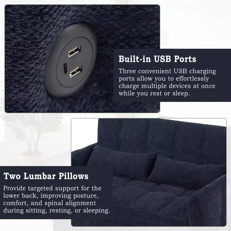 52.8 Pull-Out Sleeper Loveseat with Adjustable Backrest, 3 USB Ports & Lumbar Pillows - Chenille Tufted Sofa Bed for Small Spaces