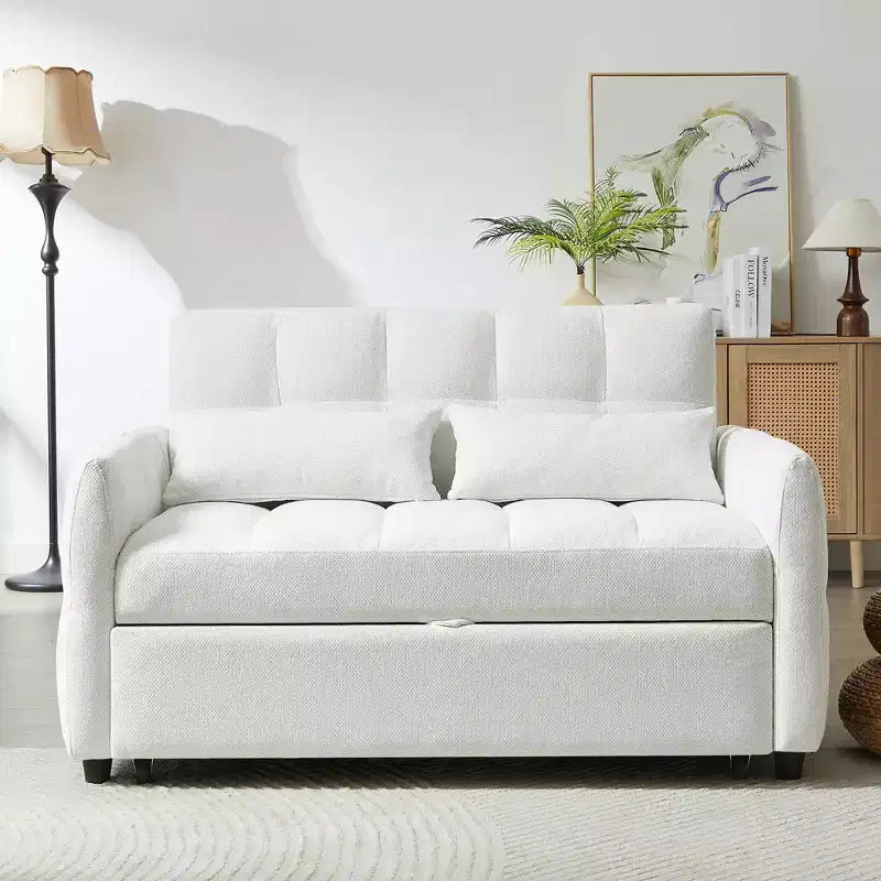 52.8 Pull-Out Sleeper Loveseat with Adjustable Backrest, 3 USB Ports & Lumbar Pillows - Chenille Tufted Sofa Bed for Small Spaces