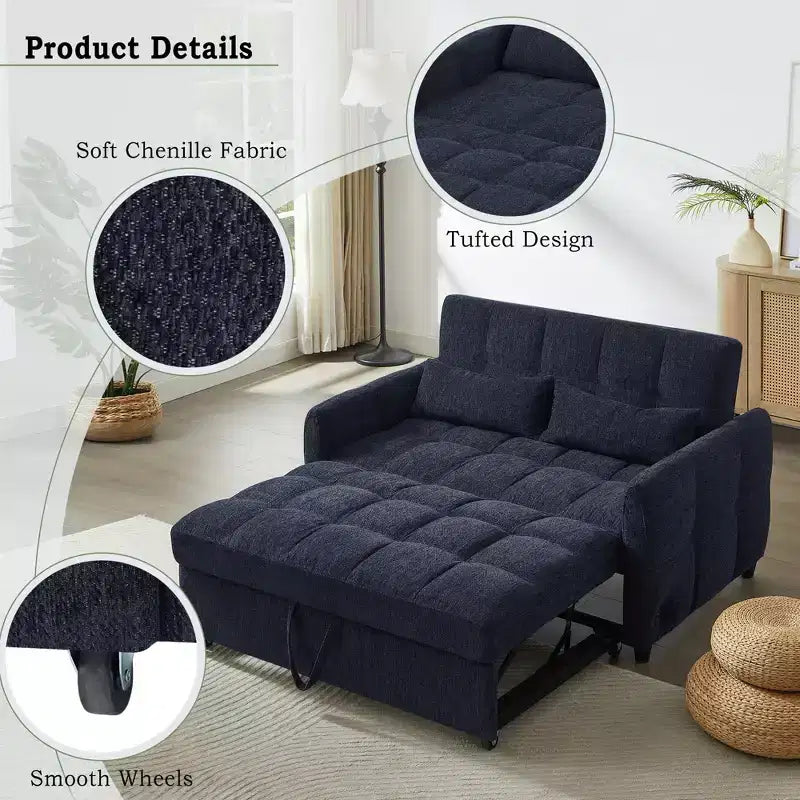 52.8 Pull-Out Sleeper Loveseat with Adjustable Backrest, 3 USB Ports & Lumbar Pillows - Chenille Tufted Sofa Bed for Small Spaces