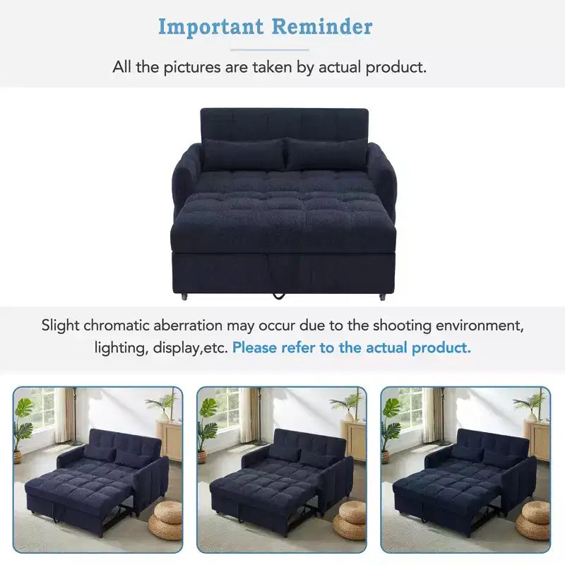 52.8 Pull-Out Sleeper Loveseat with Adjustable Backrest, 3 USB Ports & Lumbar Pillows - Chenille Tufted Sofa Bed for Small Spaces