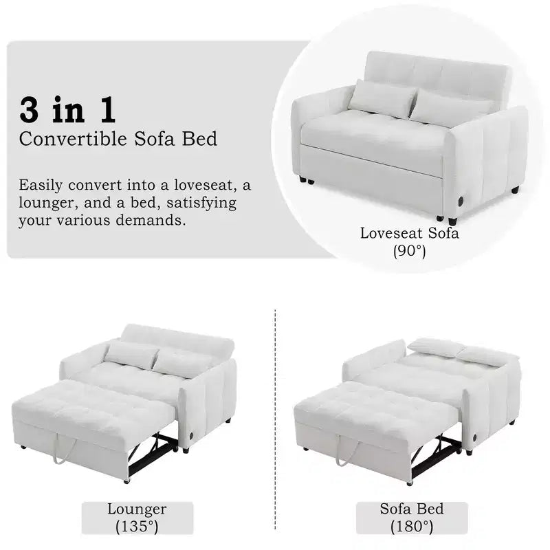 52.8 Pull-Out Sleeper Loveseat with Adjustable Backrest, 3 USB Ports & Lumbar Pillows - Chenille Tufted Sofa Bed for Small Spaces