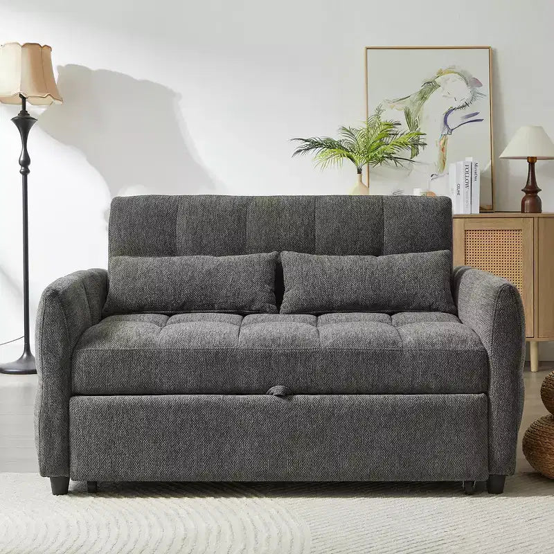 52.8 Pull-Out Sleeper Loveseat with Adjustable Backrest, 3 USB Ports & Lumbar Pillows - Chenille Tufted Sofa Bed for Small Spaces