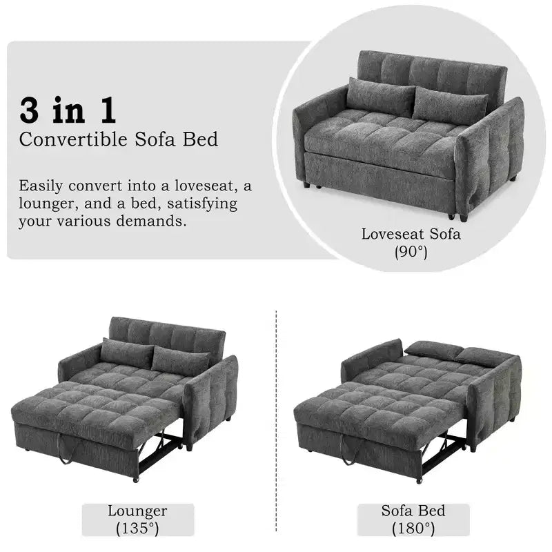 52.8 Pull-Out Sleeper Loveseat with Adjustable Backrest, 3 USB Ports & Lumbar Pillows - Chenille Tufted Sofa Bed for Small Spaces