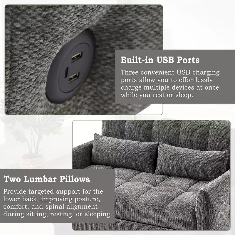 52.8 Pull-Out Sleeper Loveseat with Adjustable Backrest, 3 USB Ports & Lumbar Pillows - Chenille Tufted Sofa Bed for Small Spaces