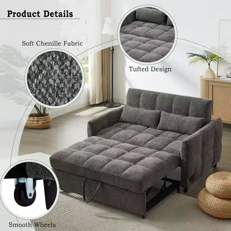 52.8 Pull-Out Sleeper Loveseat with Adjustable Backrest, 3 USB Ports & Lumbar Pillows - Chenille Tufted Sofa Bed for Small Spaces