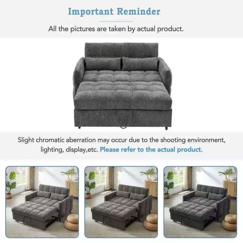 52.8 Pull-Out Sleeper Loveseat with Adjustable Backrest, 3 USB Ports & Lumbar Pillows - Chenille Tufted Sofa Bed for Small Spaces