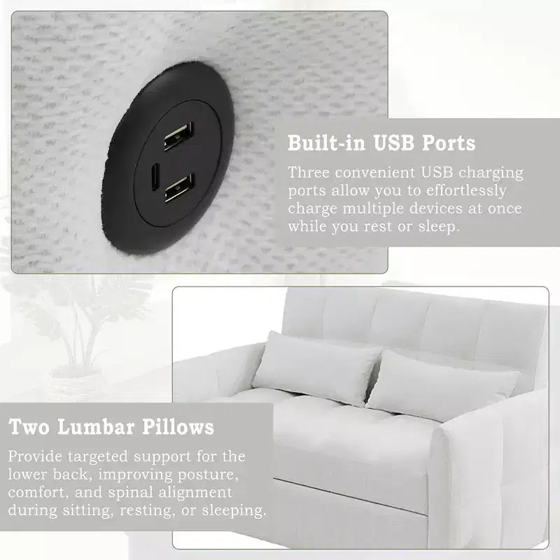 52.8 Pull-Out Sleeper Loveseat with Adjustable Backrest, 3 USB Ports & Lumbar Pillows - Chenille Tufted Sofa Bed for Small Spaces