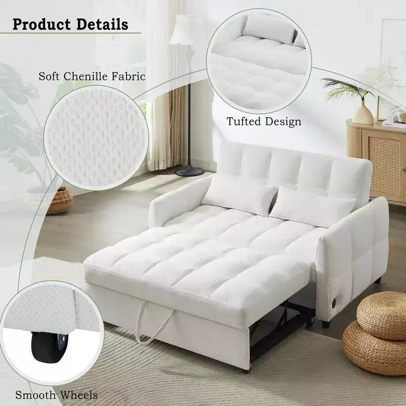 52.8 Pull-Out Sleeper Loveseat with Adjustable Backrest, 3 USB Ports & Lumbar Pillows - Chenille Tufted Sofa Bed for Small Spaces