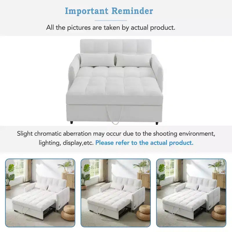 52.8 Pull-Out Sleeper Loveseat with Adjustable Backrest, 3 USB Ports & Lumbar Pillows - Chenille Tufted Sofa Bed for Small Spaces