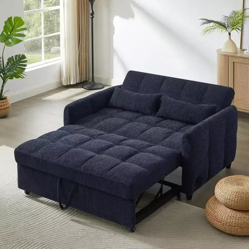 52.8 Pull-Out Sleeper Loveseat with Adjustable Backrest, 3 USB Ports & Lumbar Pillows - Chenille Tufted Sofa Bed for Small Spaces