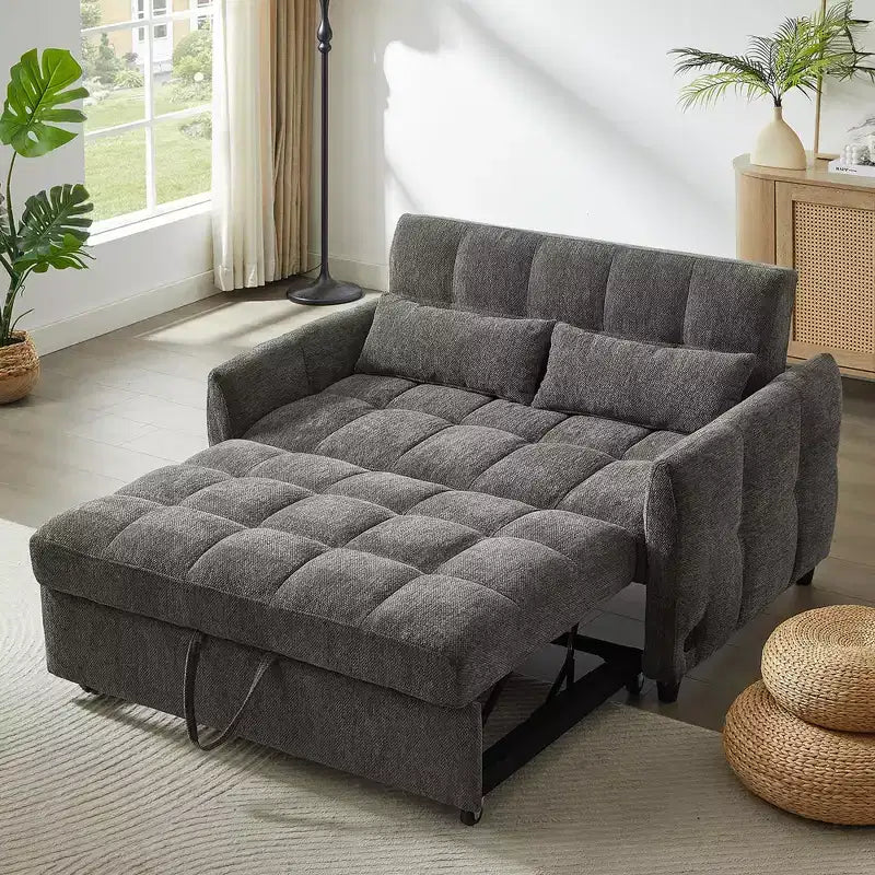 52.8 Pull-Out Sleeper Loveseat with Adjustable Backrest, 3 USB Ports & Lumbar Pillows - Chenille Tufted Sofa Bed for Small Spaces