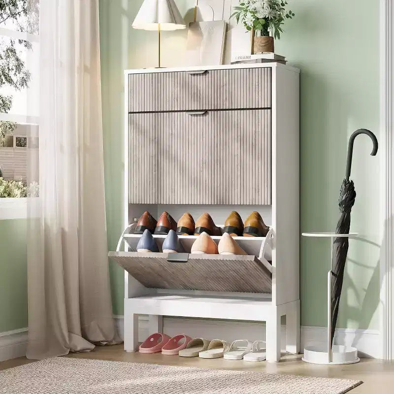 COZONY Flip-Drawer Shoe Cabinet with Fluted Design, Farmhouse Style Slim Shoe Organizer, Freestanding Hidden Shoe Rack for Entryway Hallway