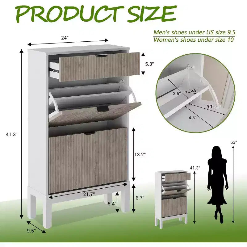 Flip-Drawer Shoe Cabinet with Fluted Design, Farmhouse Style Slim Shoe Organizer, Freestanding Hidden Shoe Rack for Entryway Hallway