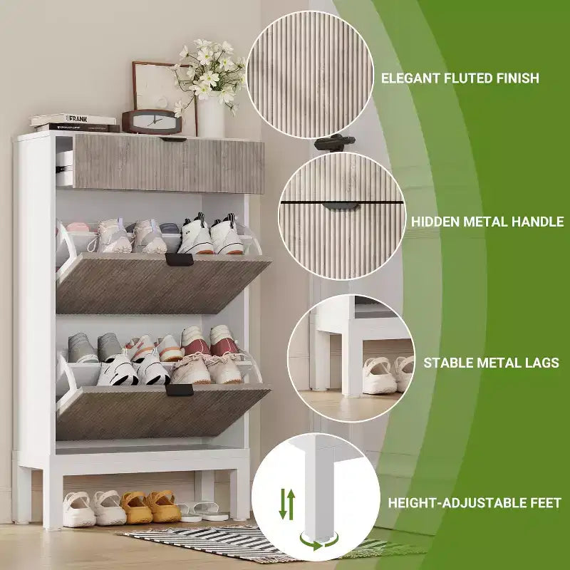 Flip-Drawer Shoe Cabinet with Fluted Design, Farmhouse Style Slim Shoe Organizer, Freestanding Hidden Shoe Rack for Entryway Hallway