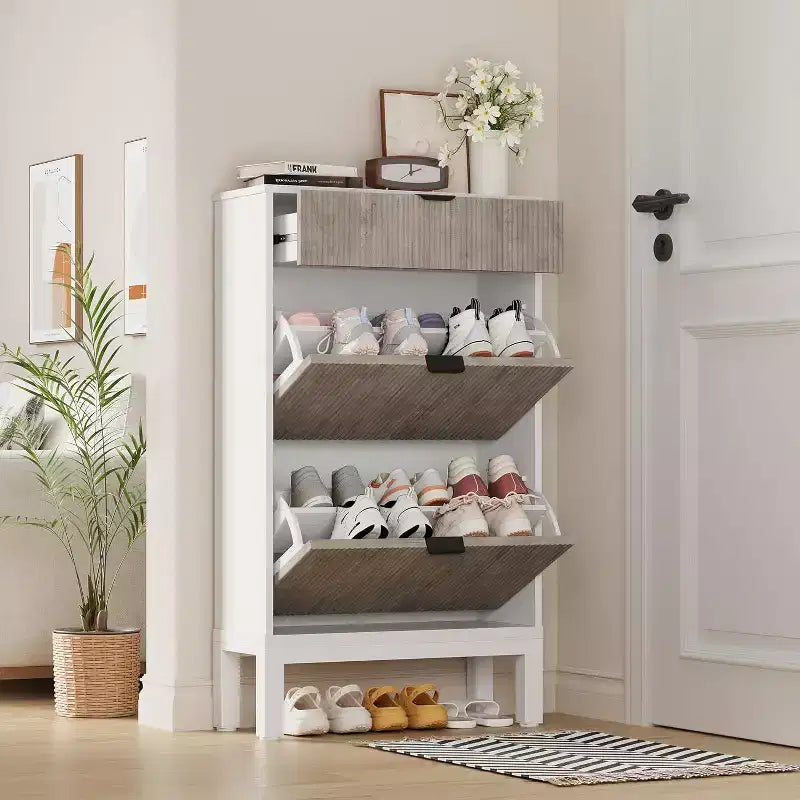 Flip-Drawer Shoe Cabinet with Fluted Design, Farmhouse Style Slim Shoe Organizer, Freestanding Hidden Shoe Rack for Entryway Hallway