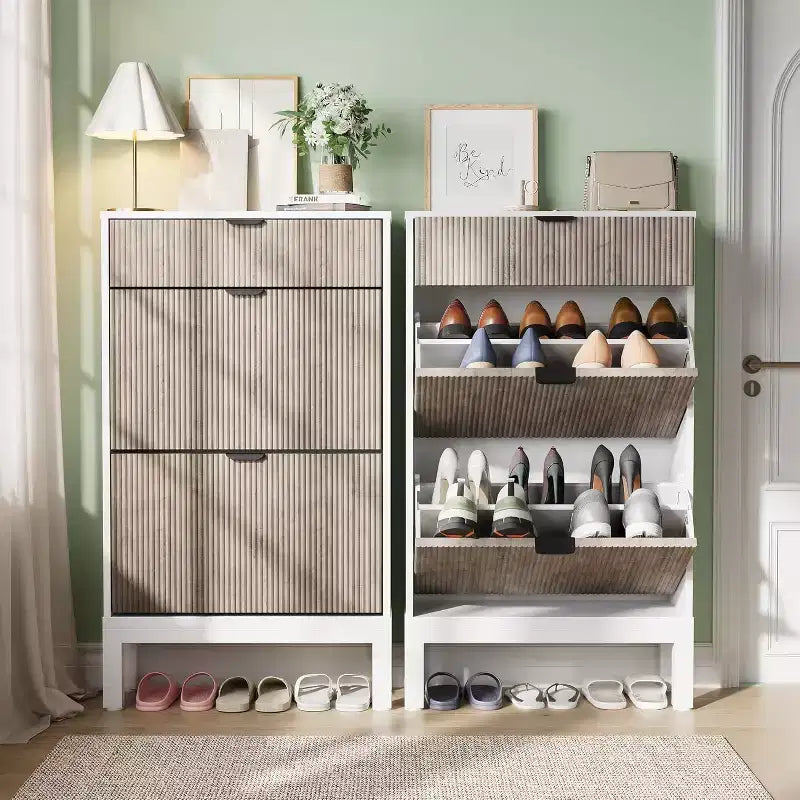 Flip-Drawer Shoe Cabinet with Fluted Design, Farmhouse Style Slim Shoe Organizer, Freestanding Hidden Shoe Rack for Entryway Hallway