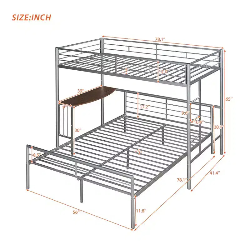 Twin over Full Metal Bunk Bed Frame with Desk, Twin Size Loft Bed with Separate Full Size Lower Bed for Kids