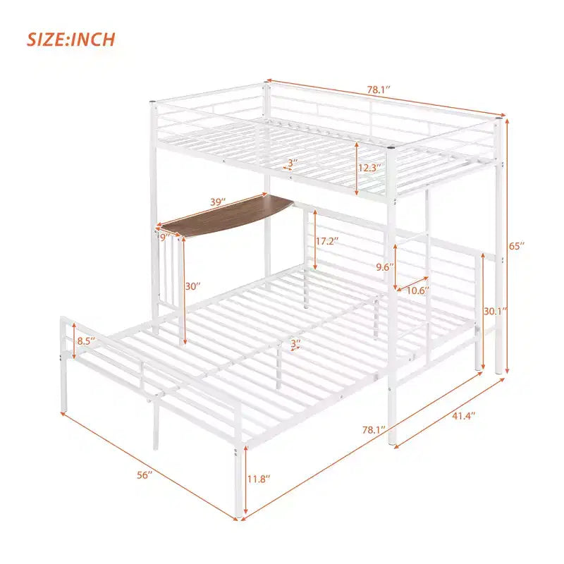 Twin over Full Metal Bunk Bed Frame with Desk, Twin Size Loft Bed with Separate Full Size Lower Bed for Kids