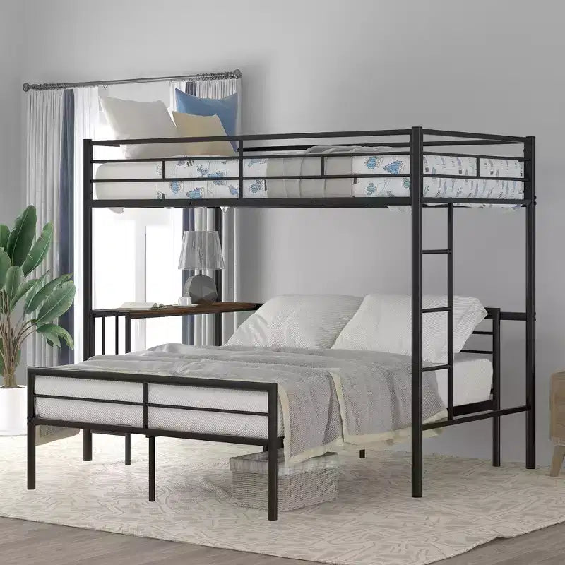 Twin over Full Metal Bunk Bed Frame with Desk, Twin Size Loft Bed with Separate Full Size Lower Bed for Kids