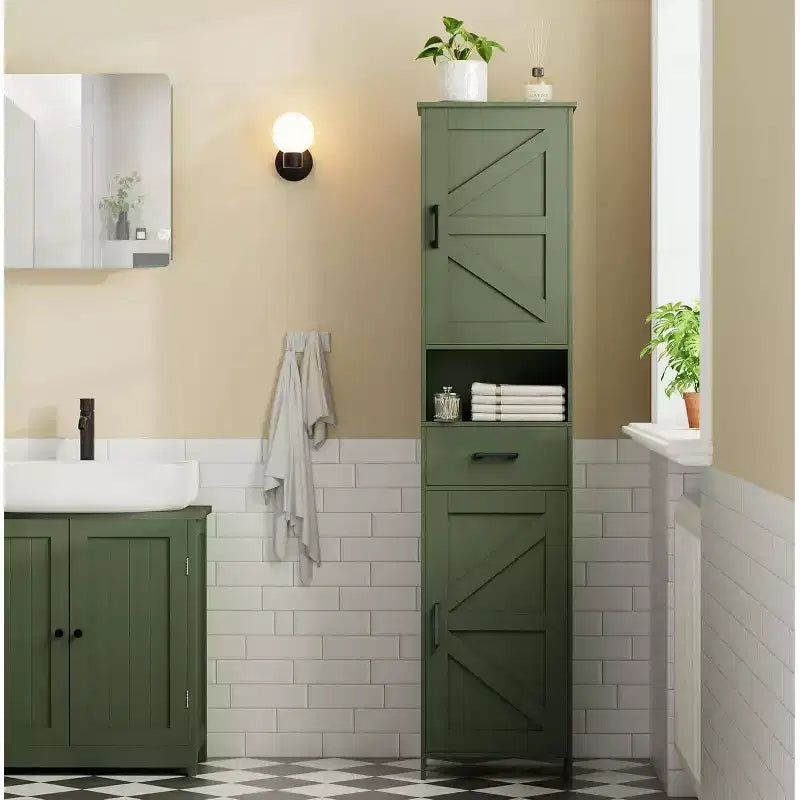 67" H Tall Bathroom Storage Cabinet with 2 Barn Doors and 1 Drawer, Narrow Storage Unit, Adjustable Shelves, Floor Cabinet for Bathroom