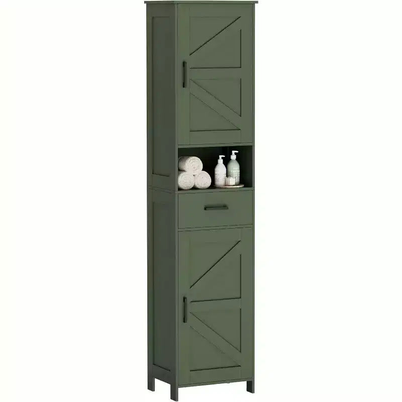 67" H Tall Bathroom Storage Cabinet with 2 Barn Doors and 1 Drawer, Narrow Storage Unit, Adjustable Shelves, Floor Cabinet for Bathroom