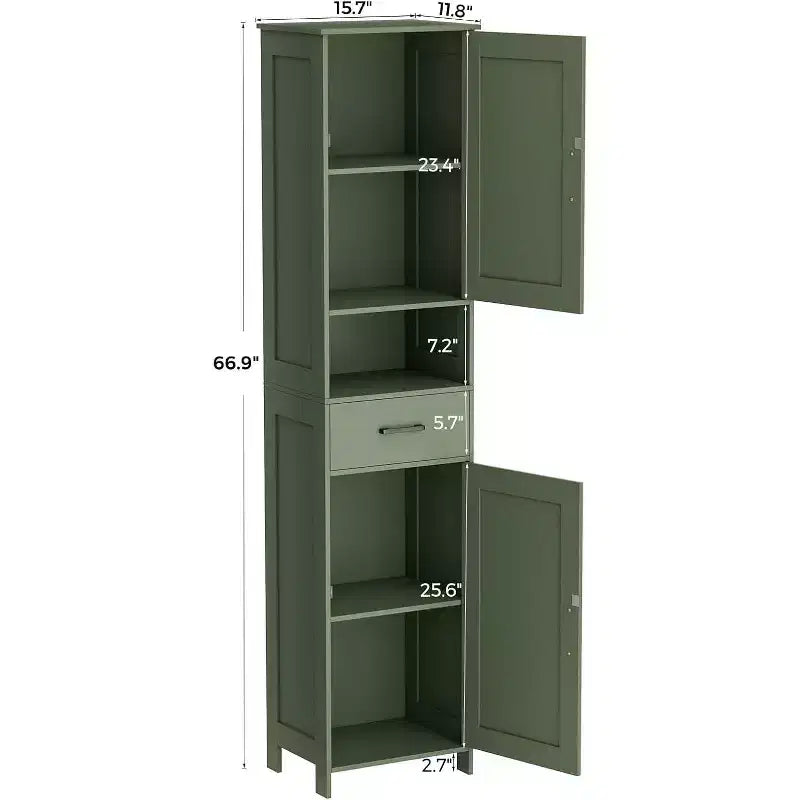 67" H Tall Bathroom Storage Cabinet with 2 Barn Doors and 1 Drawer, Narrow Storage Unit, Adjustable Shelves, Floor Cabinet for Bathroom
