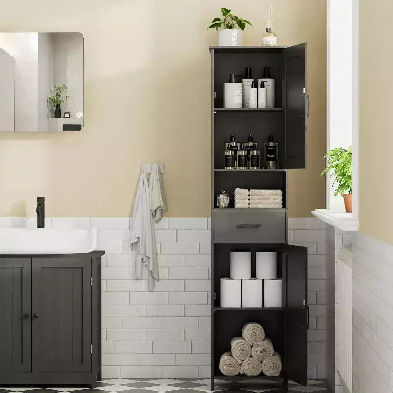 67" H Tall Bathroom Storage Cabinet with 2 Barn Doors and 1 Drawer, Narrow Storage Unit, Adjustable Shelves, Floor Cabinet for Bathroom