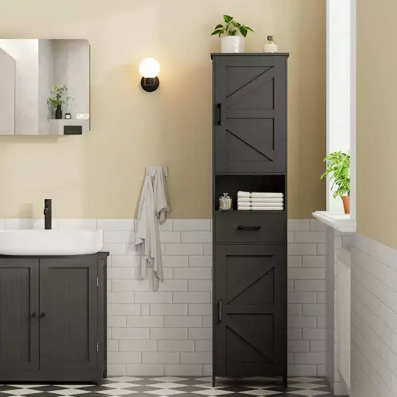 67" H Tall Bathroom Storage Cabinet with 2 Barn Doors and 1 Drawer, Narrow Storage Unit, Adjustable Shelves, Floor Cabinet for Bathroom