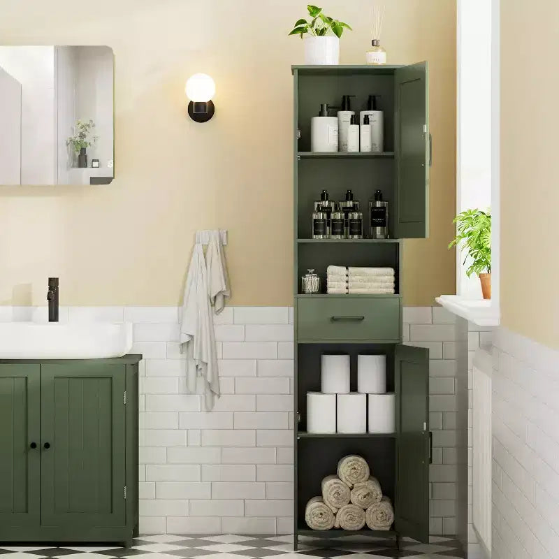 67" H Tall Bathroom Storage Cabinet with 2 Barn Doors and 1 Drawer, Narrow Storage Unit, Adjustable Shelves, Floor Cabinet for Bathroom
