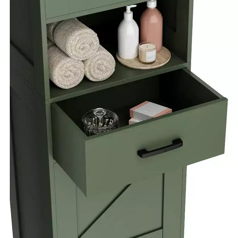 67" H Tall Bathroom Storage Cabinet with 2 Barn Doors and 1 Drawer, Narrow Storage Unit, Adjustable Shelves, Floor Cabinet for Bathroom