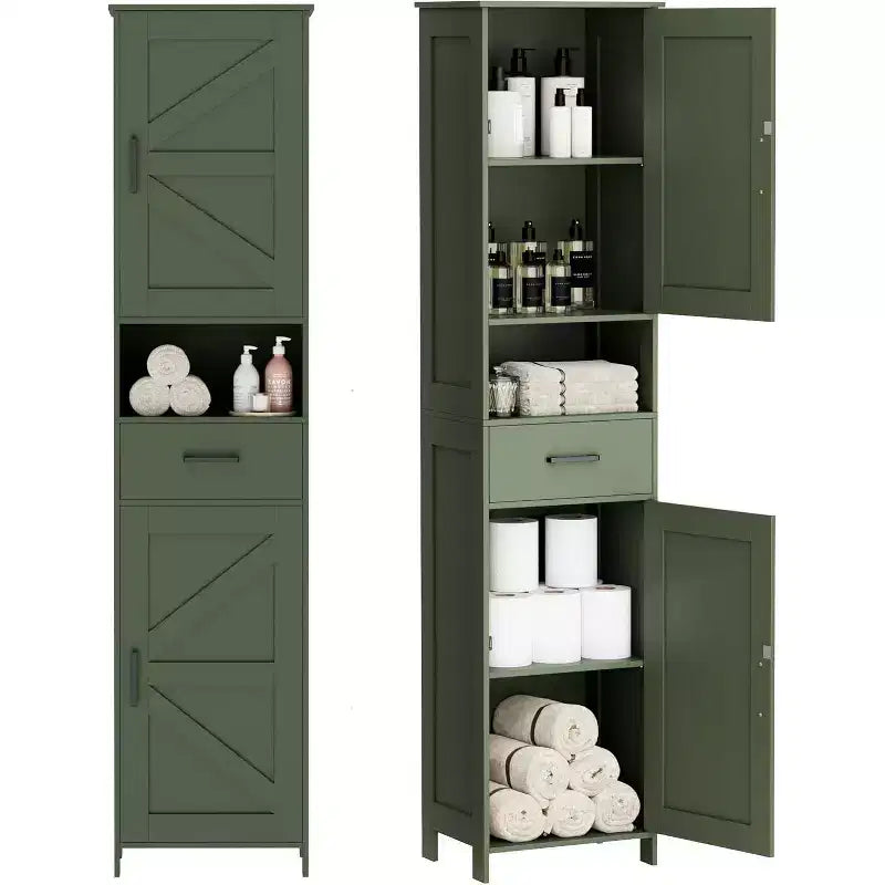 67" H Tall Bathroom Storage Cabinet with 2 Barn Doors and 1 Drawer, Narrow Storage Unit, Adjustable Shelves, Floor Cabinet for Bathroom
