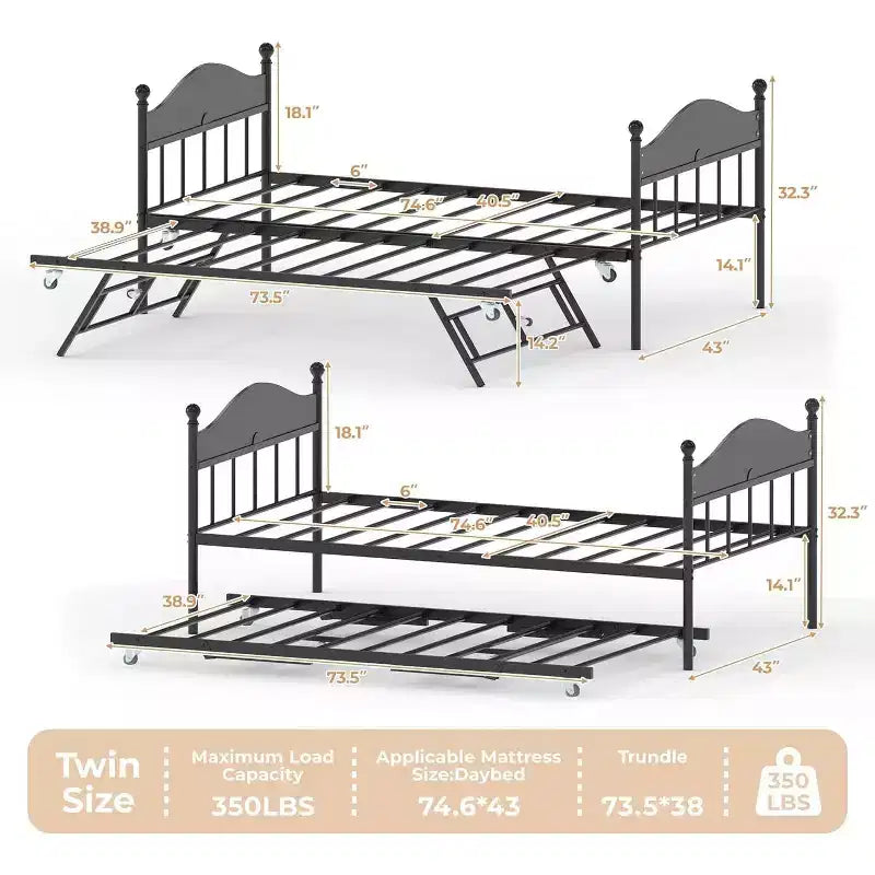 Metal Twin Size Day Bed, Daybed With Trundle, With Stylish Headboard, Sofa BedFrame, for Living Room, Bedroom and Guest Room