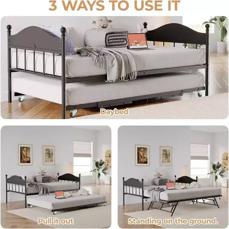 Metal Twin Size Day Bed, Daybed With Trundle, With Stylish Headboard, Sofa BedFrame, for Living Room, Bedroom and Guest Room