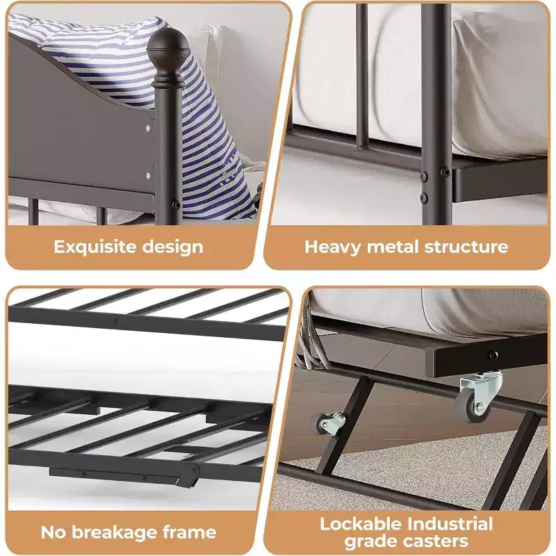 Metal Twin Size Day Bed, Daybed With Trundle, With Stylish Headboard, Sofa BedFrame, for Living Room, Bedroom and Guest Room