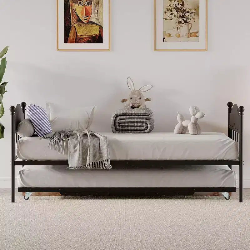Metal Twin Size Day Bed, Daybed With Trundle, With Stylish Headboard, Sofa BedFrame, for Living Room, Bedroom and Guest Room