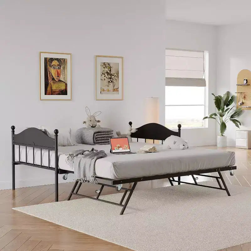 Metal Twin Size Day Bed, Daybed With Trundle, With Stylish Headboard, Sofa BedFrame, for Living Room, Bedroom and Guest Room