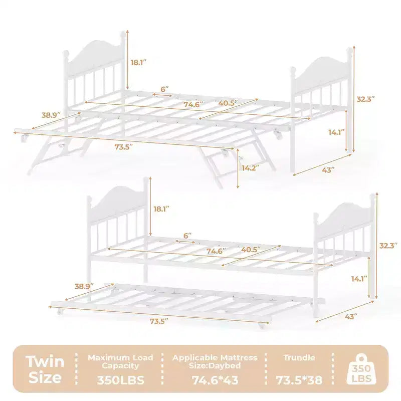 Metal Twin Size Day Bed, Daybed With Trundle, With Stylish Headboard, Sofa BedFrame, for Living Room, Bedroom and Guest Room